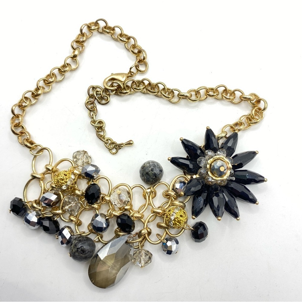 Goldtone & Black Glass Beads Statement Necklace - Picture 2 of 8